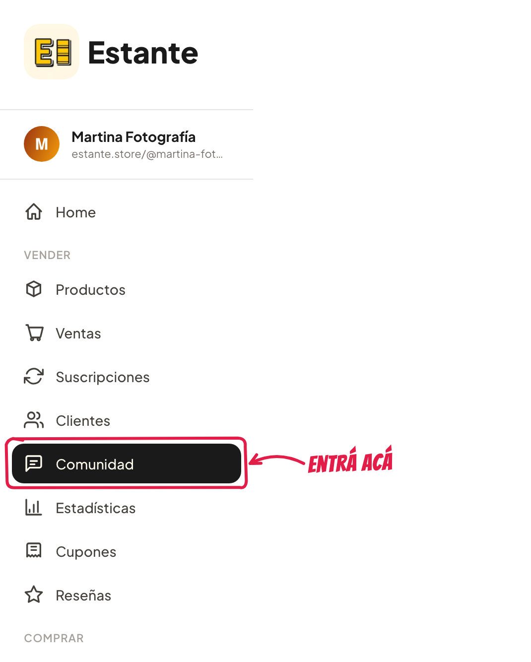 El menú Comunidad del panel
