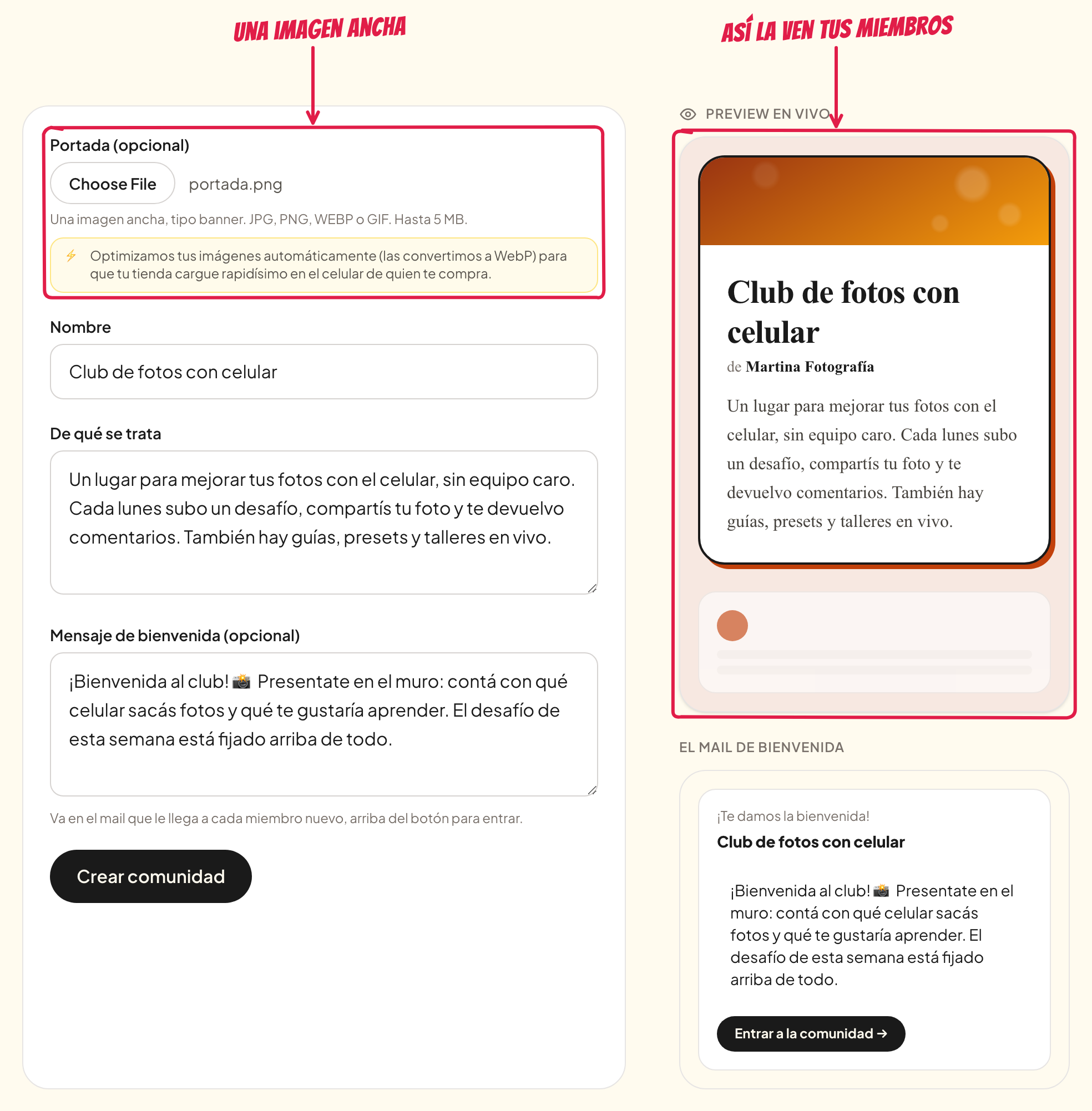 Portada, nombre, descripción y vista previa