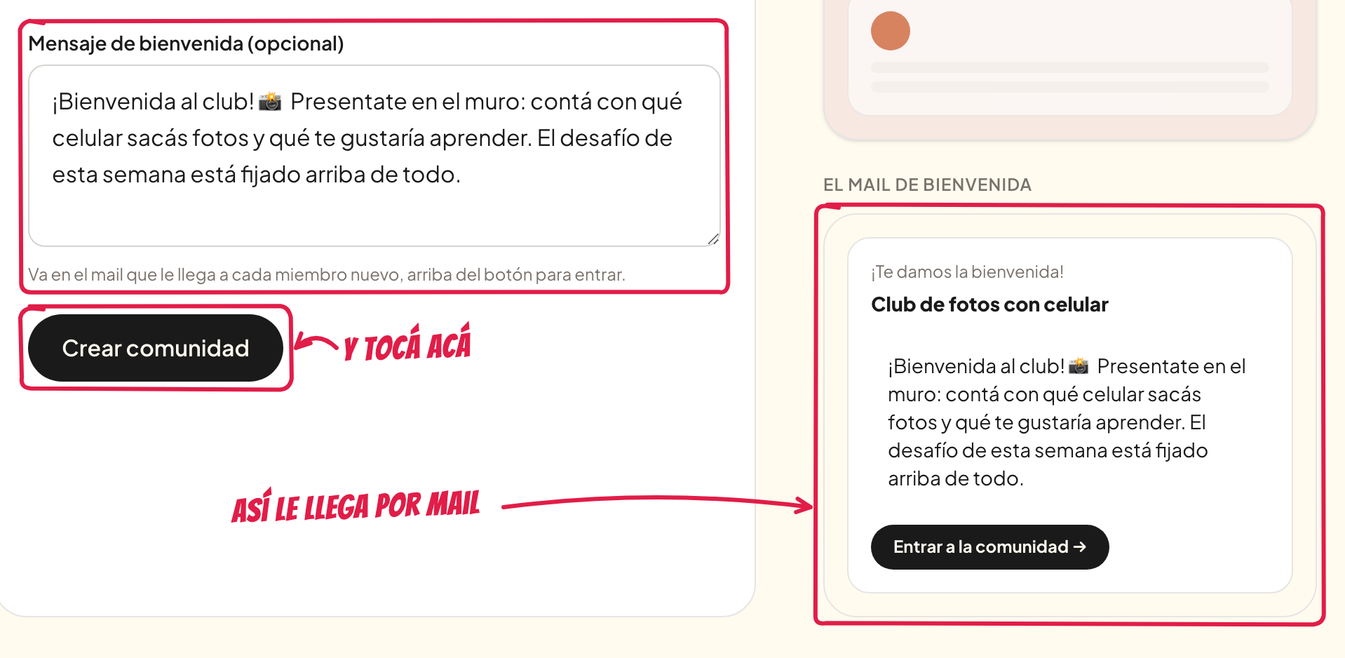 El mensaje de bienvenida y el botón Crear comunidad