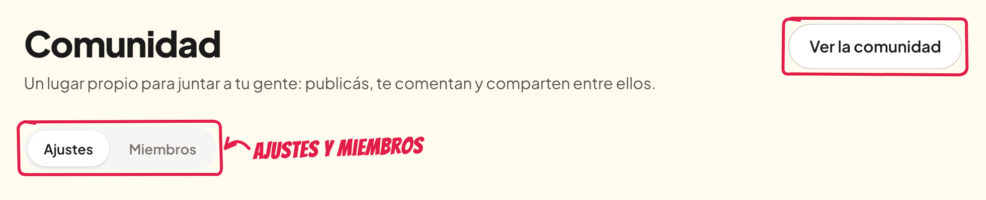Las pestañas Ajustes y Miembros, y Ver la comunidad
