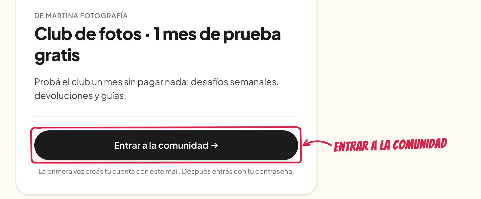 La página de la compra con el botón Entrar a la comunidad