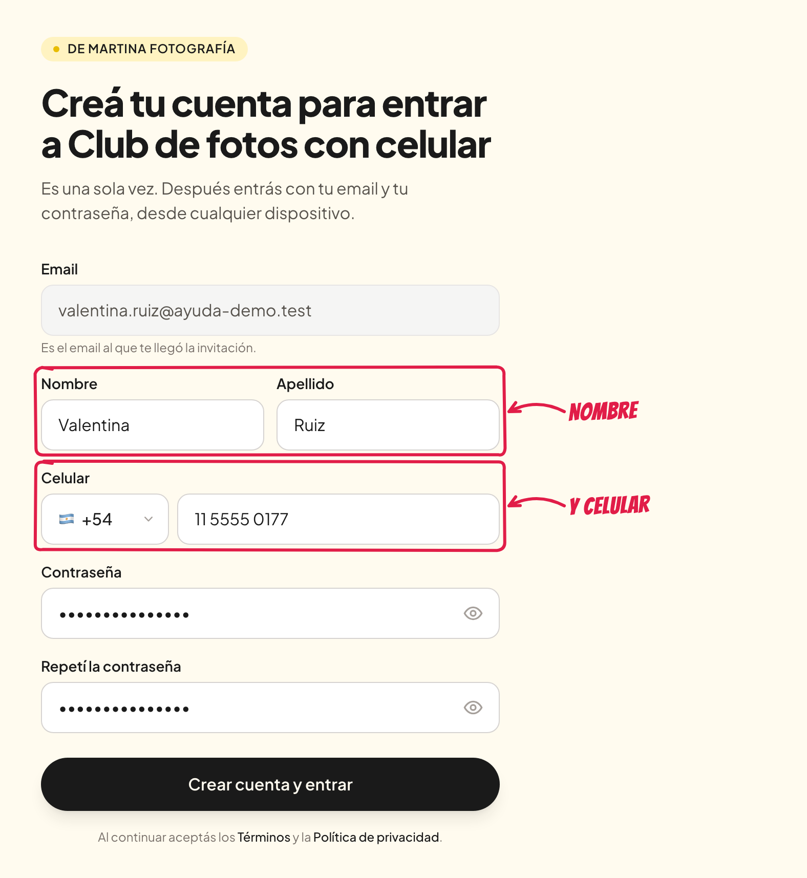 La pantalla para crear la cuenta