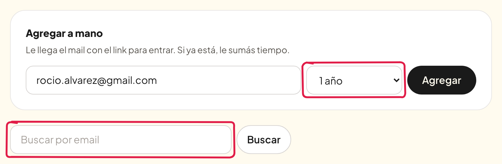 Agregar a mano y buscar por email