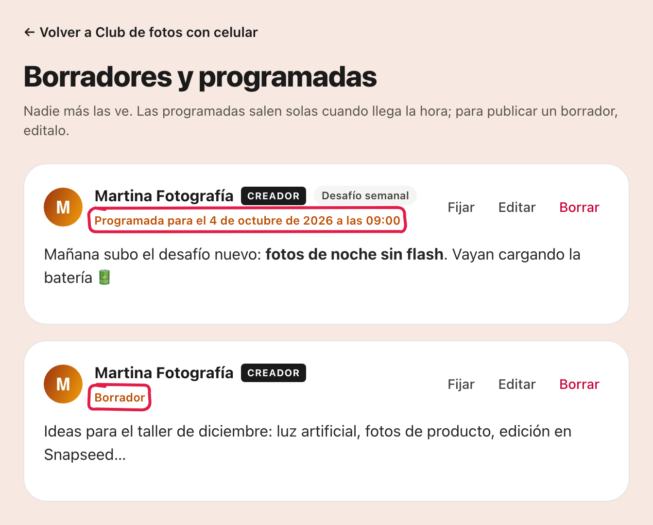Una publicación programada y un borrador
