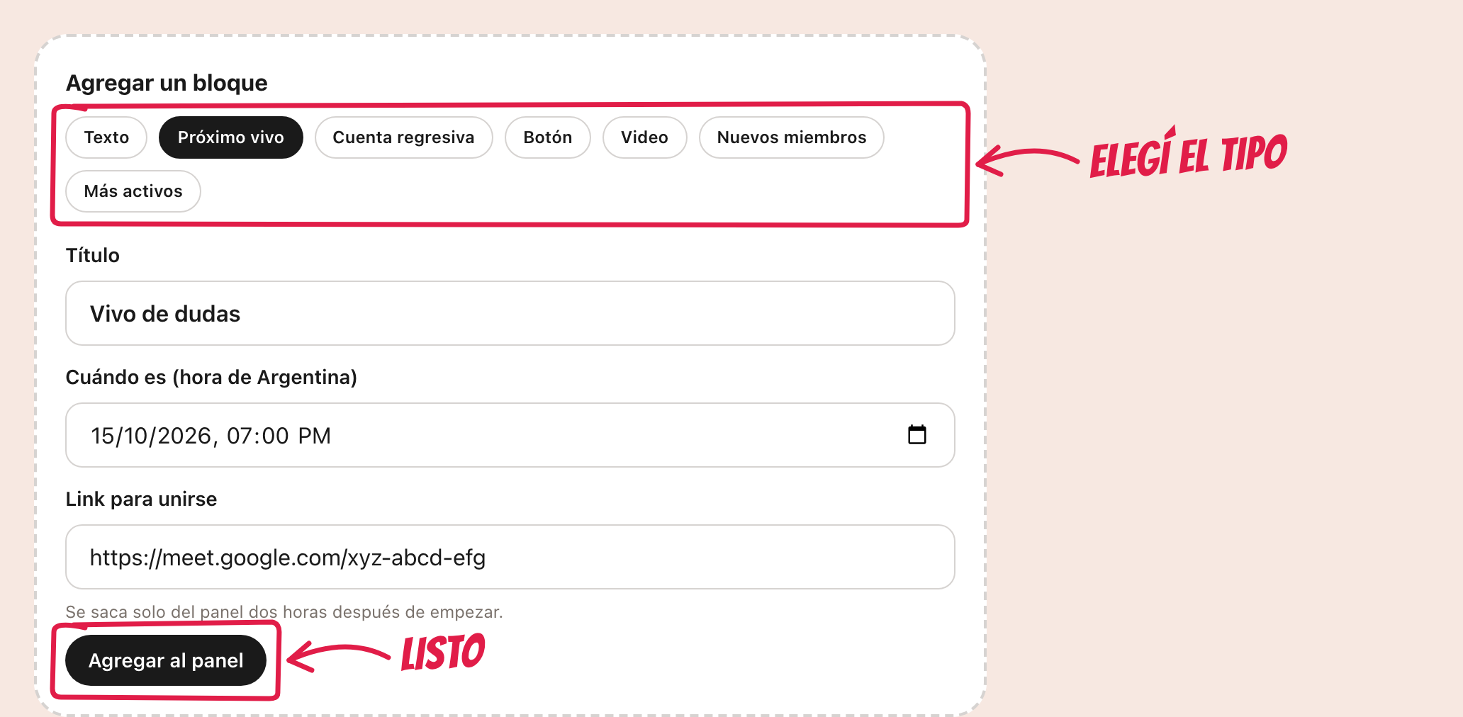 Elegir el tipo de bloque y completarlo