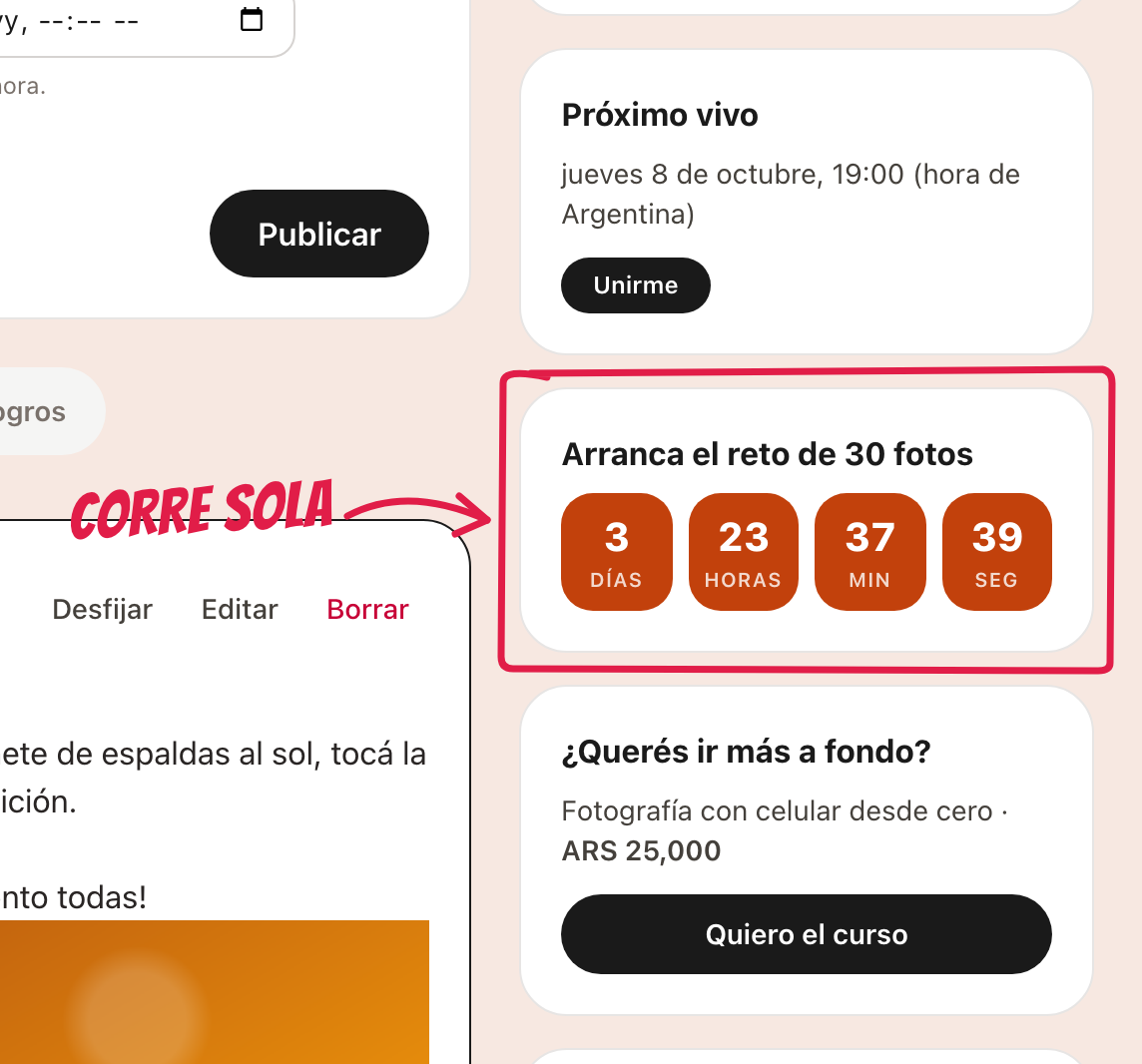 El próximo vivo, la cuenta regresiva y el botón al curso en el muro