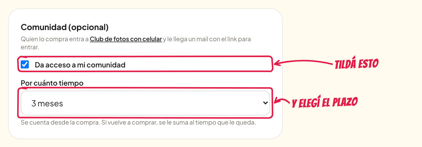 La card Comunidad en un curso, con el tilde y el plazo