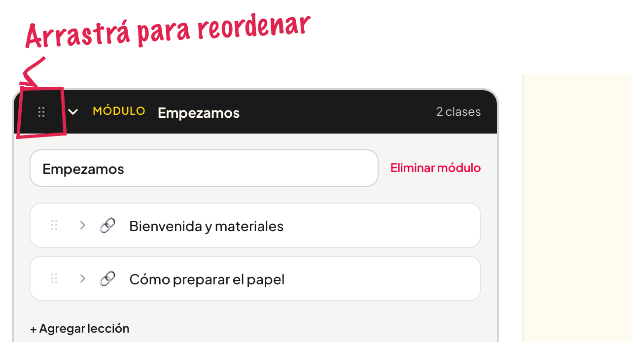 Reordenar módulos y lecciones