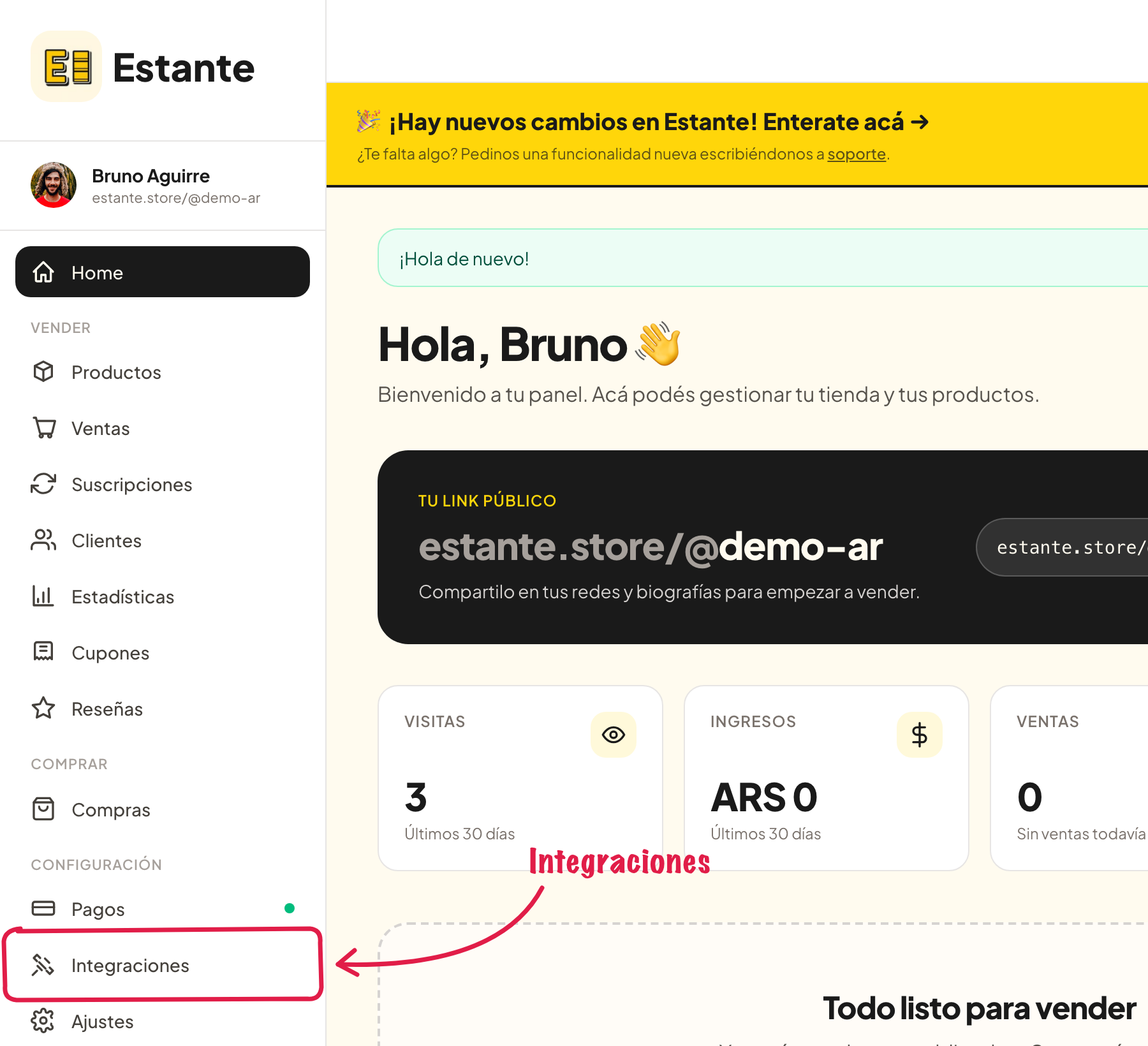 Integraciones en el menú del panel