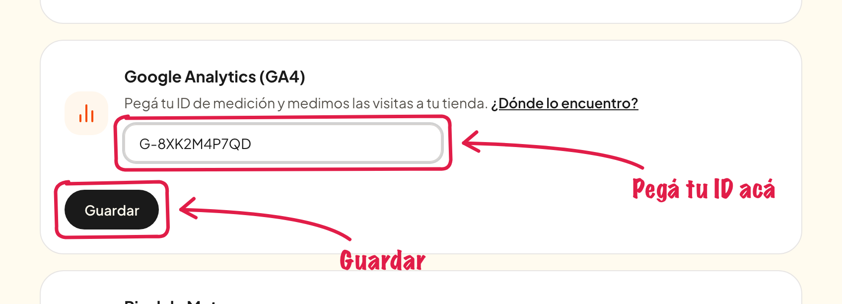 El campo del ID de medición en la tarjeta de Google Analytics