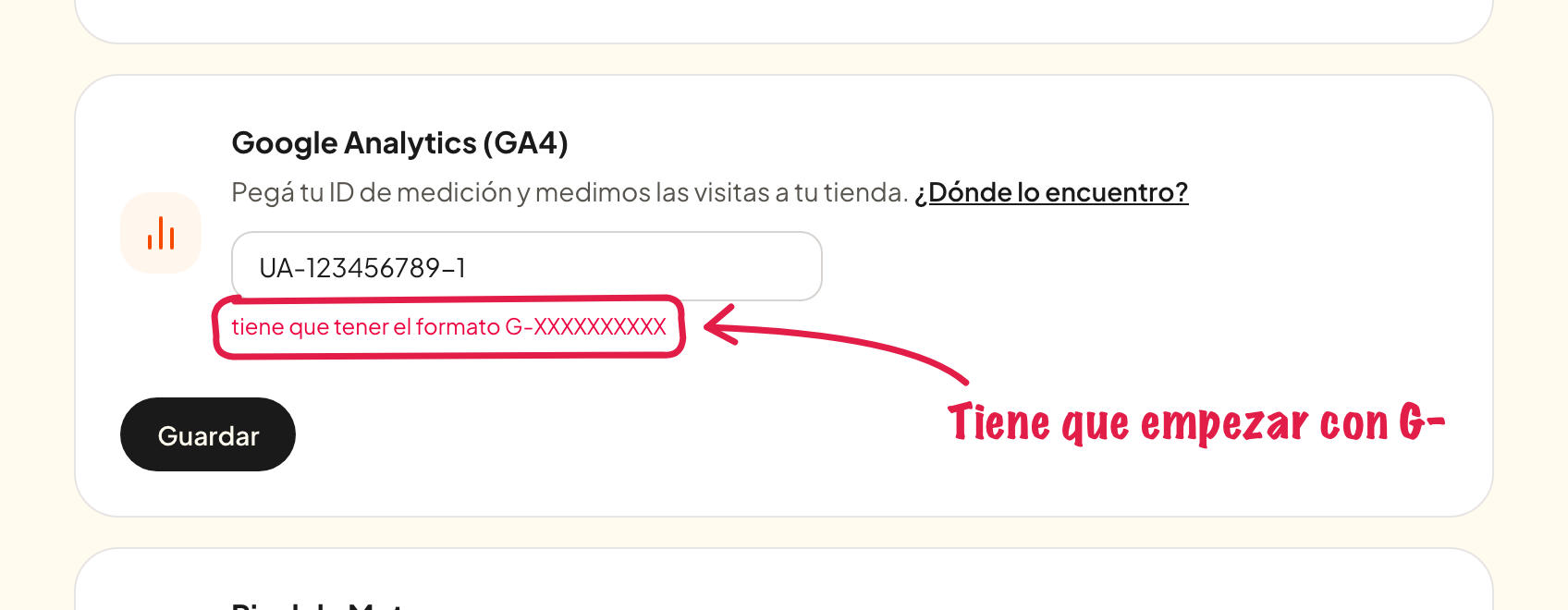 El aviso cuando el ID de Google Analytics no tiene el formato correcto