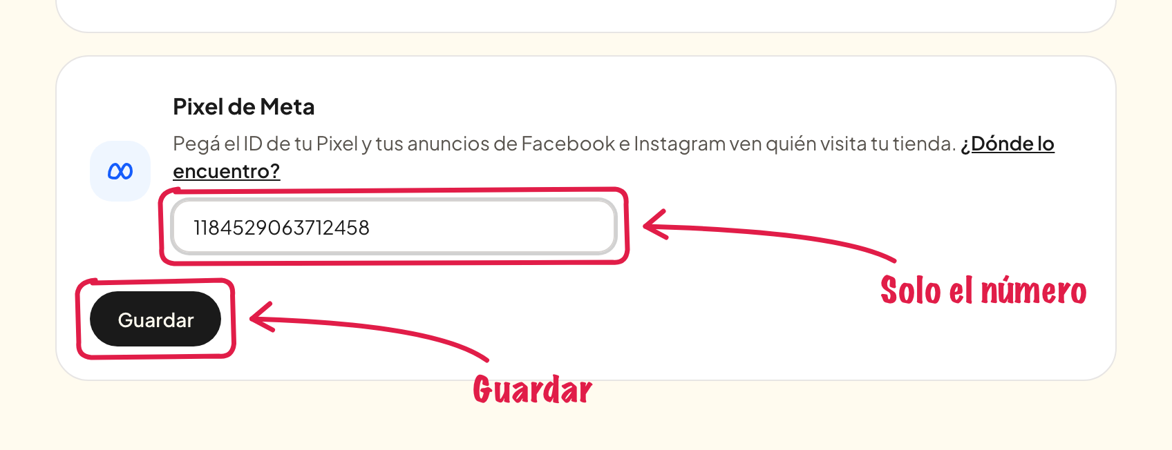 El campo del ID en la tarjeta del Pixel de Meta