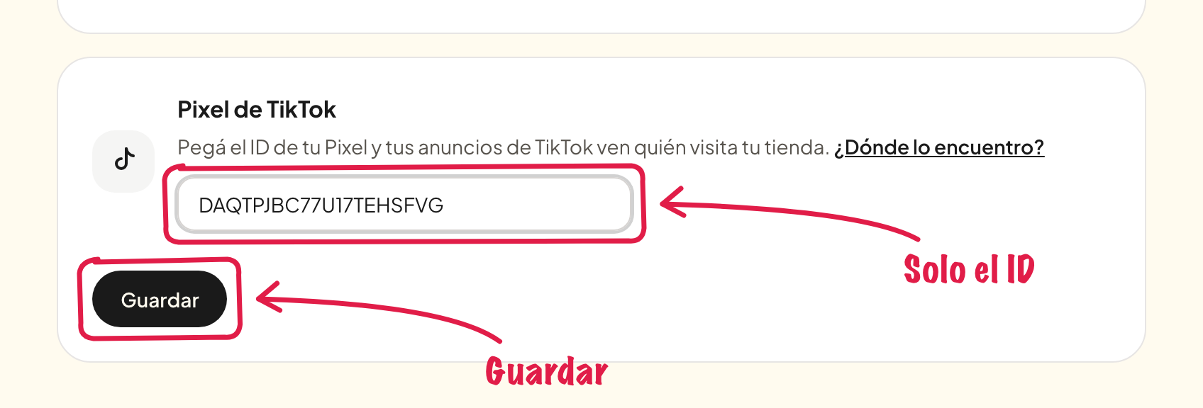 El campo del ID en la tarjeta del Pixel de TikTok