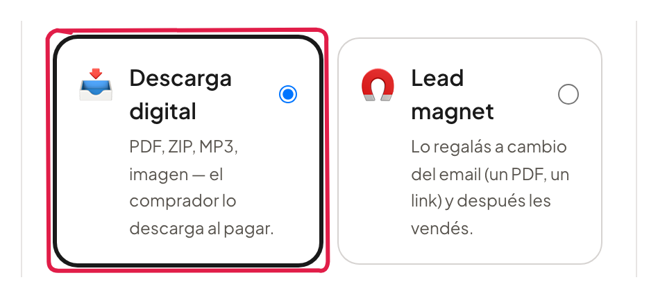 El tipo Descarga digital al crear un producto