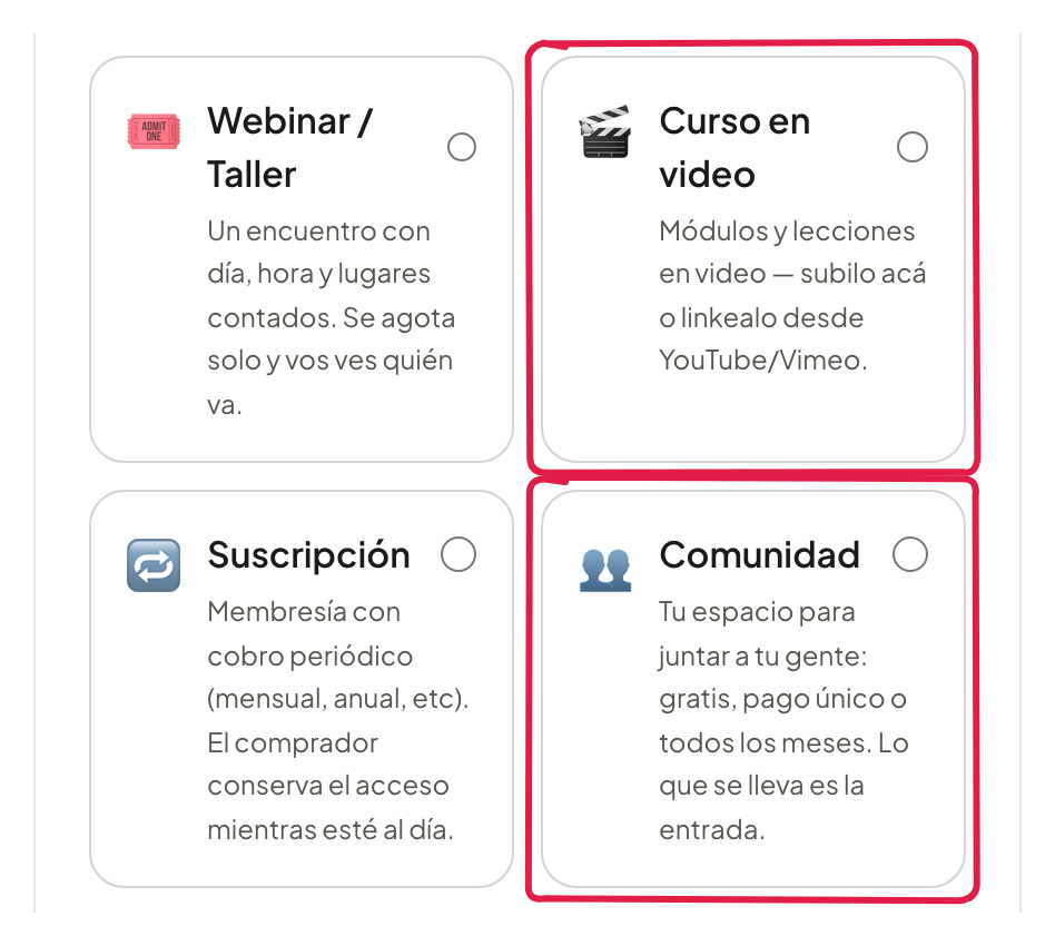 Los tipos Curso en video y Comunidad al crear un producto