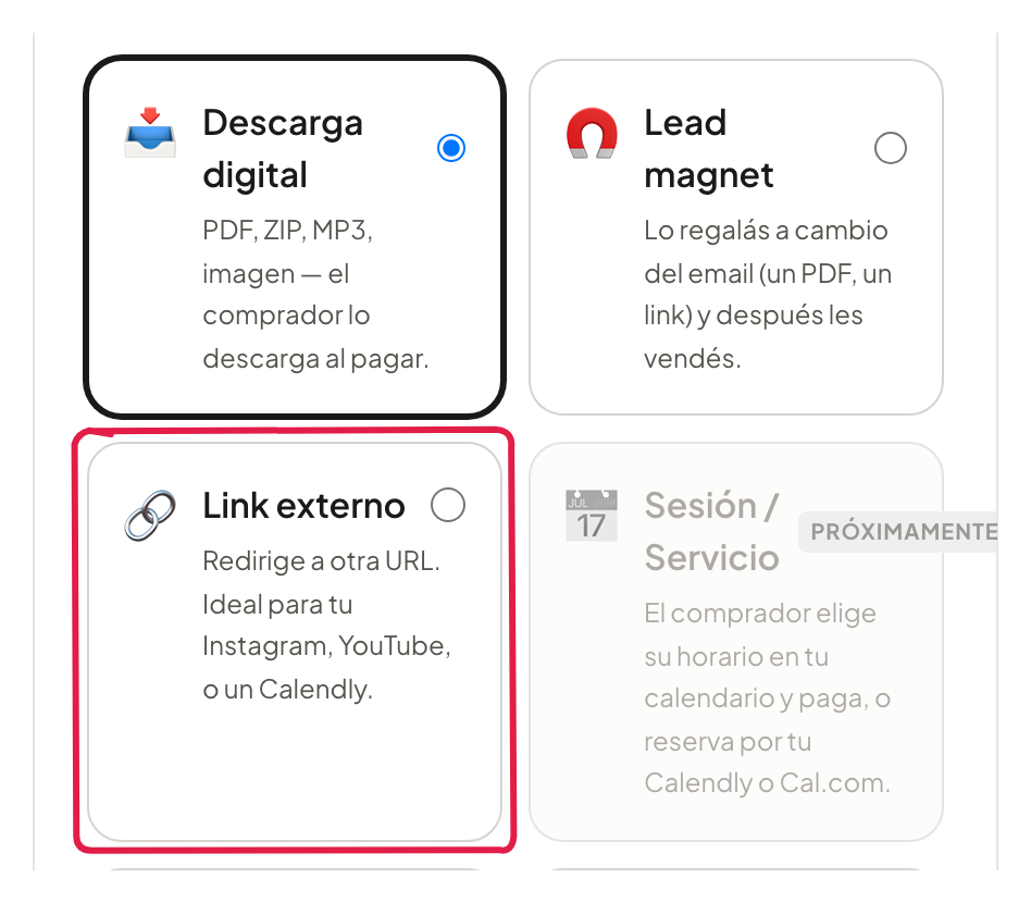 El tipo Link externo al crear un producto