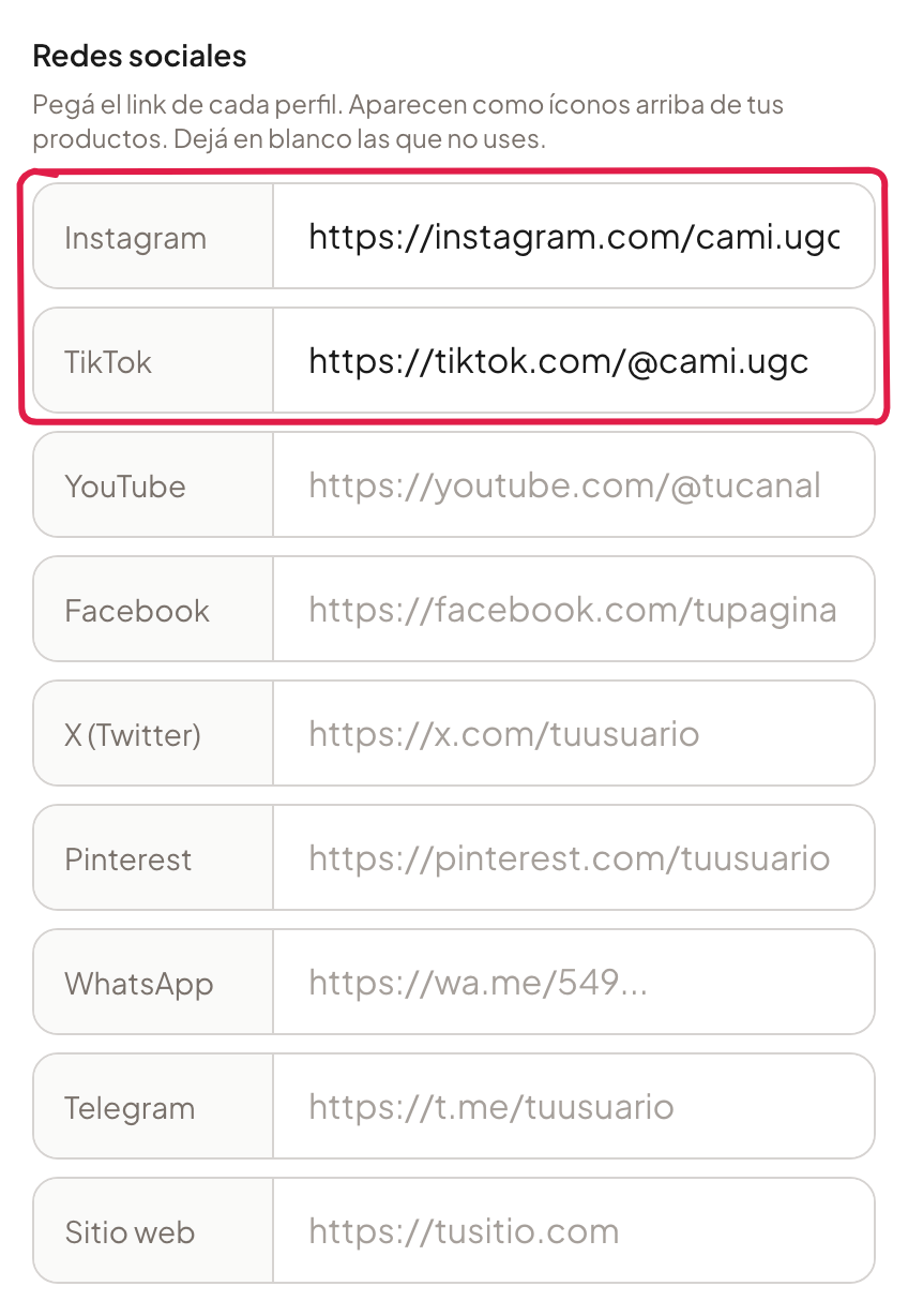 El bloque de Redes sociales en Ajustes, con Instagram y TikTok cargados