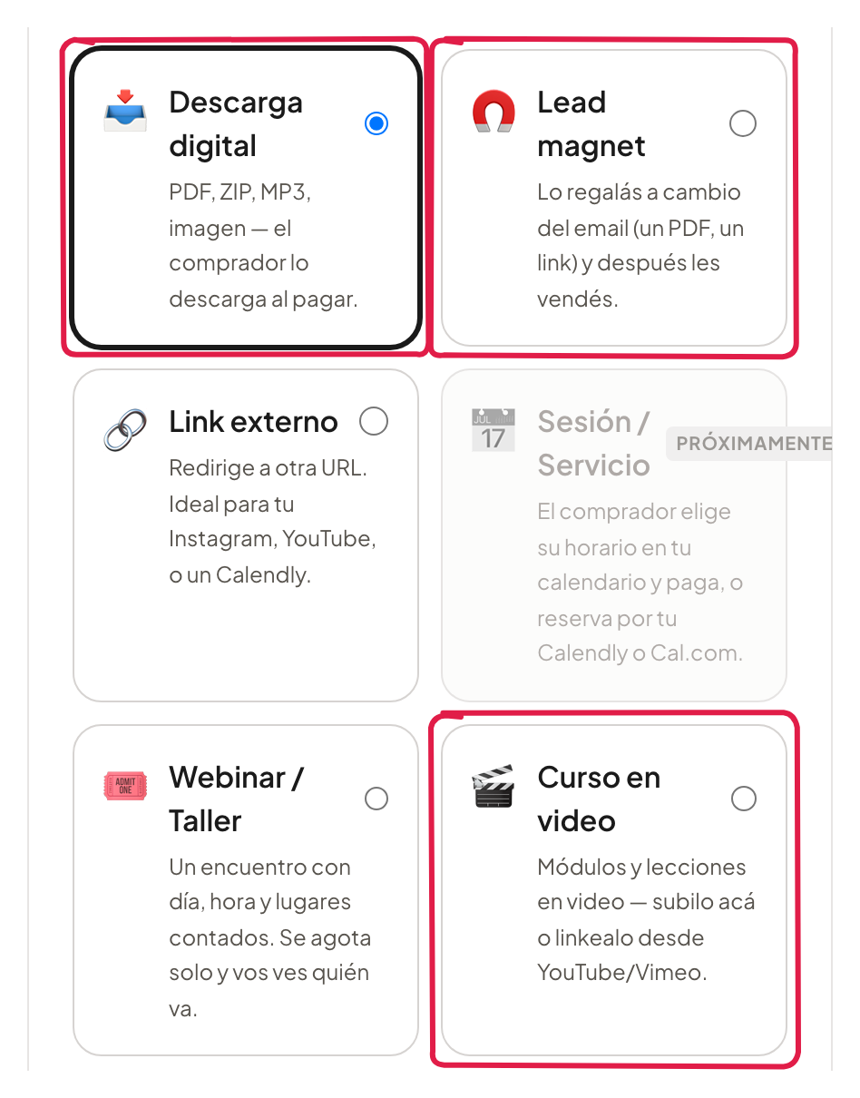 Los tipos Descarga digital, Lead magnet y Curso en video