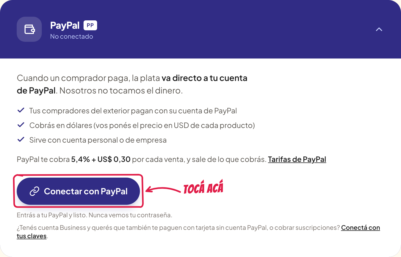La tarjeta de PayPal en Pagos, con el botón Conectar con PayPal