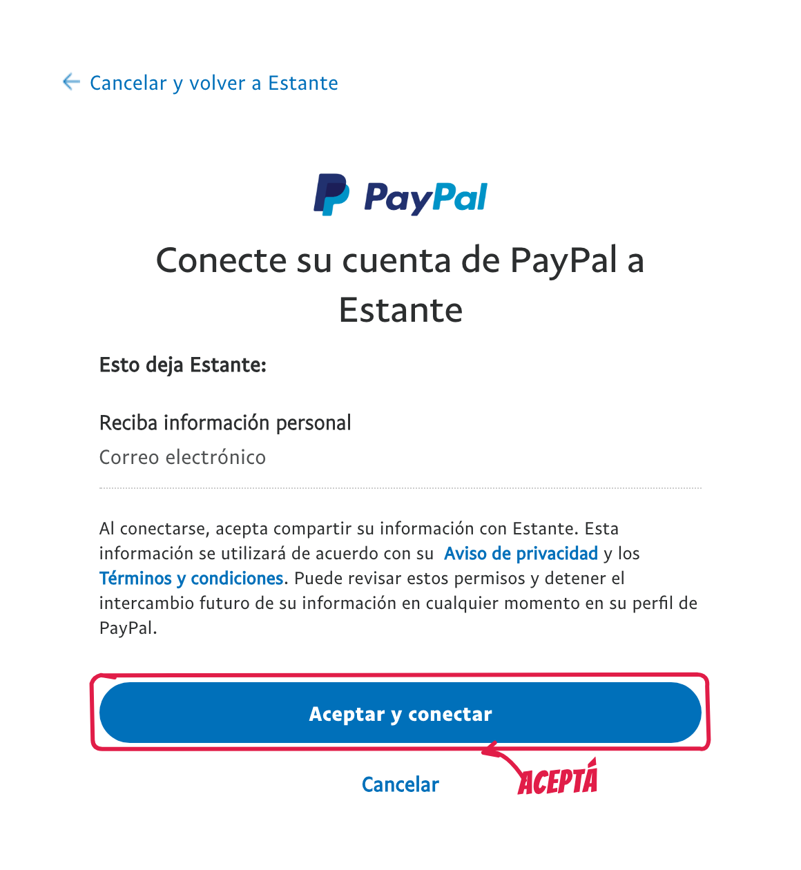 La pantalla de PayPal para conectar tu cuenta a Estante, con el botón Aceptar y conectar