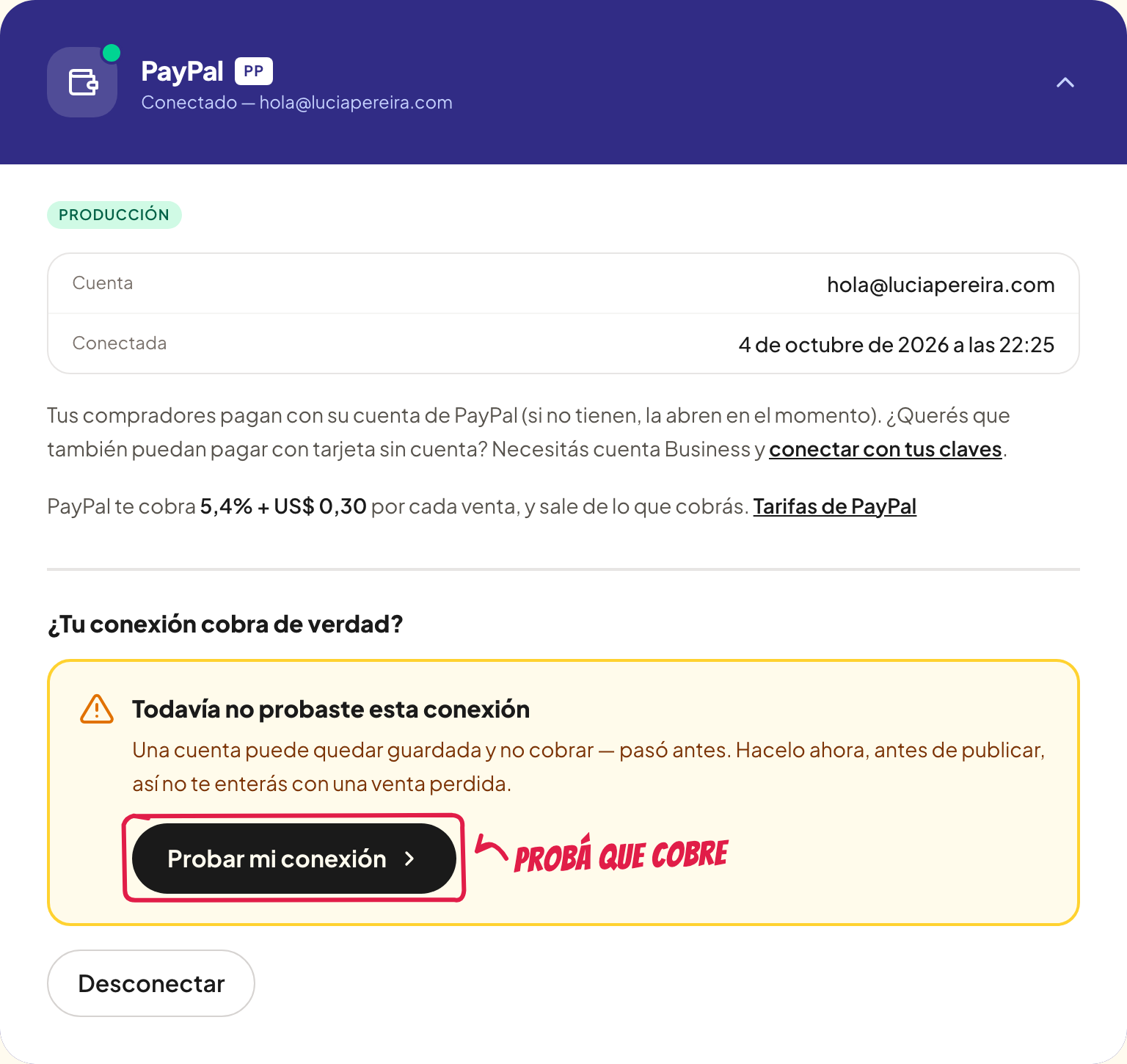 El botón Probar mi conexión en la tarjeta de PayPal