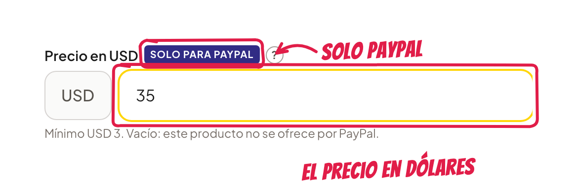 El campo Precio en USD en el formulario del producto