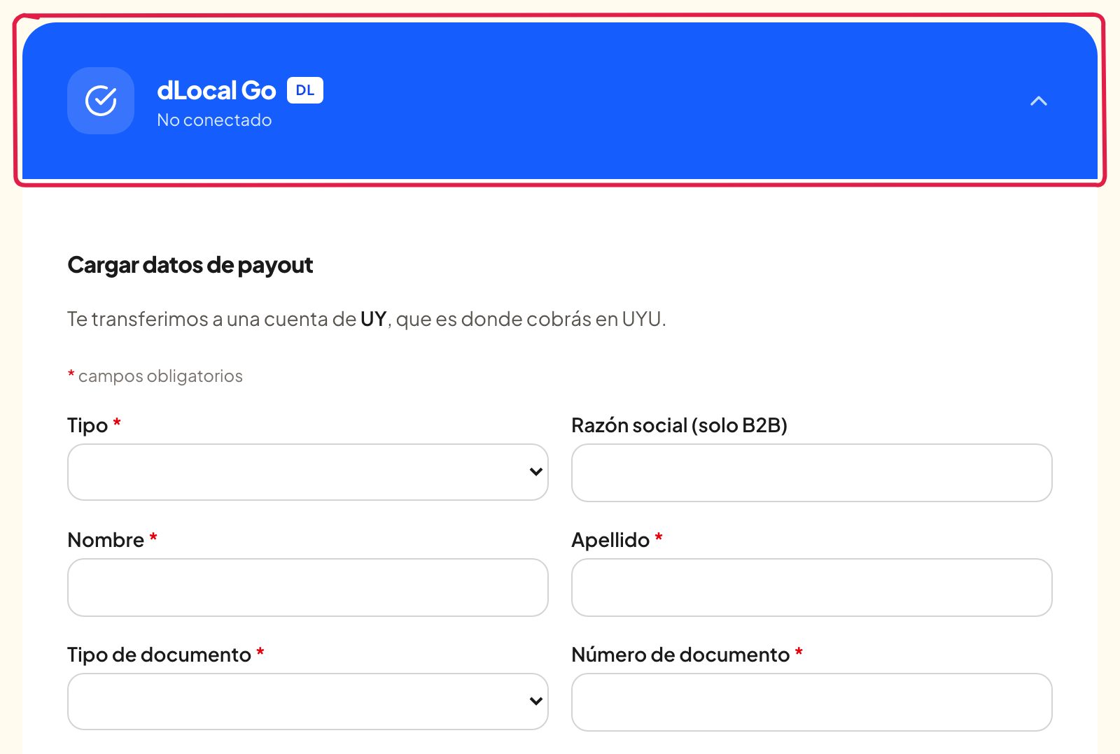 La tarjeta de dLocal Go abierta, con el formulario para cargar tus datos