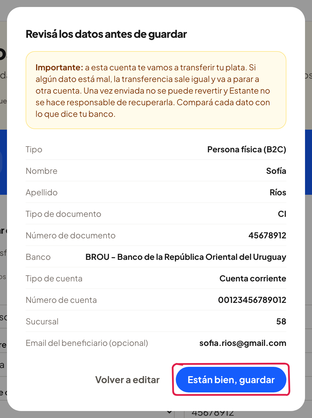 El resumen de tus datos antes de guardar, con el botón Están bien, guardar