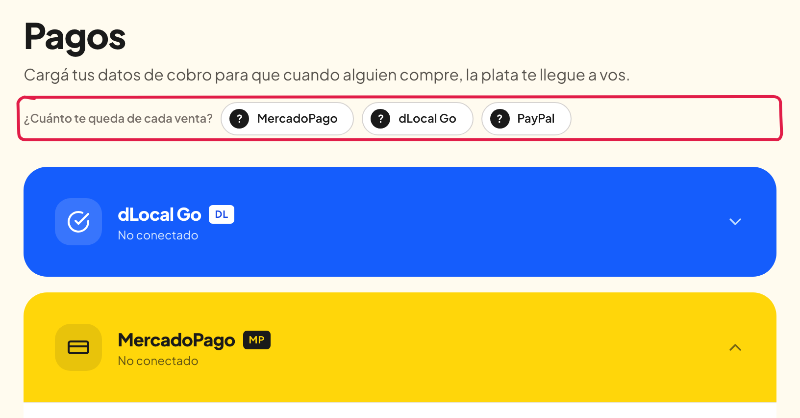 Los accesos a cuánto te queda de cada venta, arriba de todo en Pagos