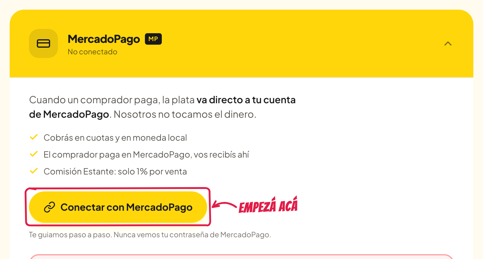 La tarjeta de Mercado Pago en Pagos, con el botón Conectar con MercadoPago