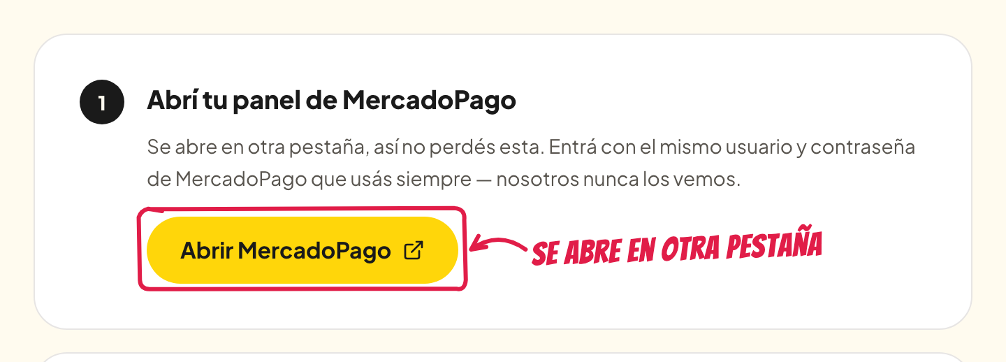 El paso 1 de la guía, con el botón Abrir MercadoPago