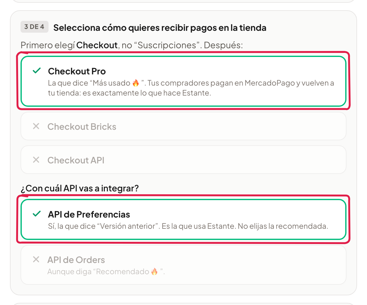 La pantalla 3 de 4: Checkout Pro y API de Preferencias marcadas