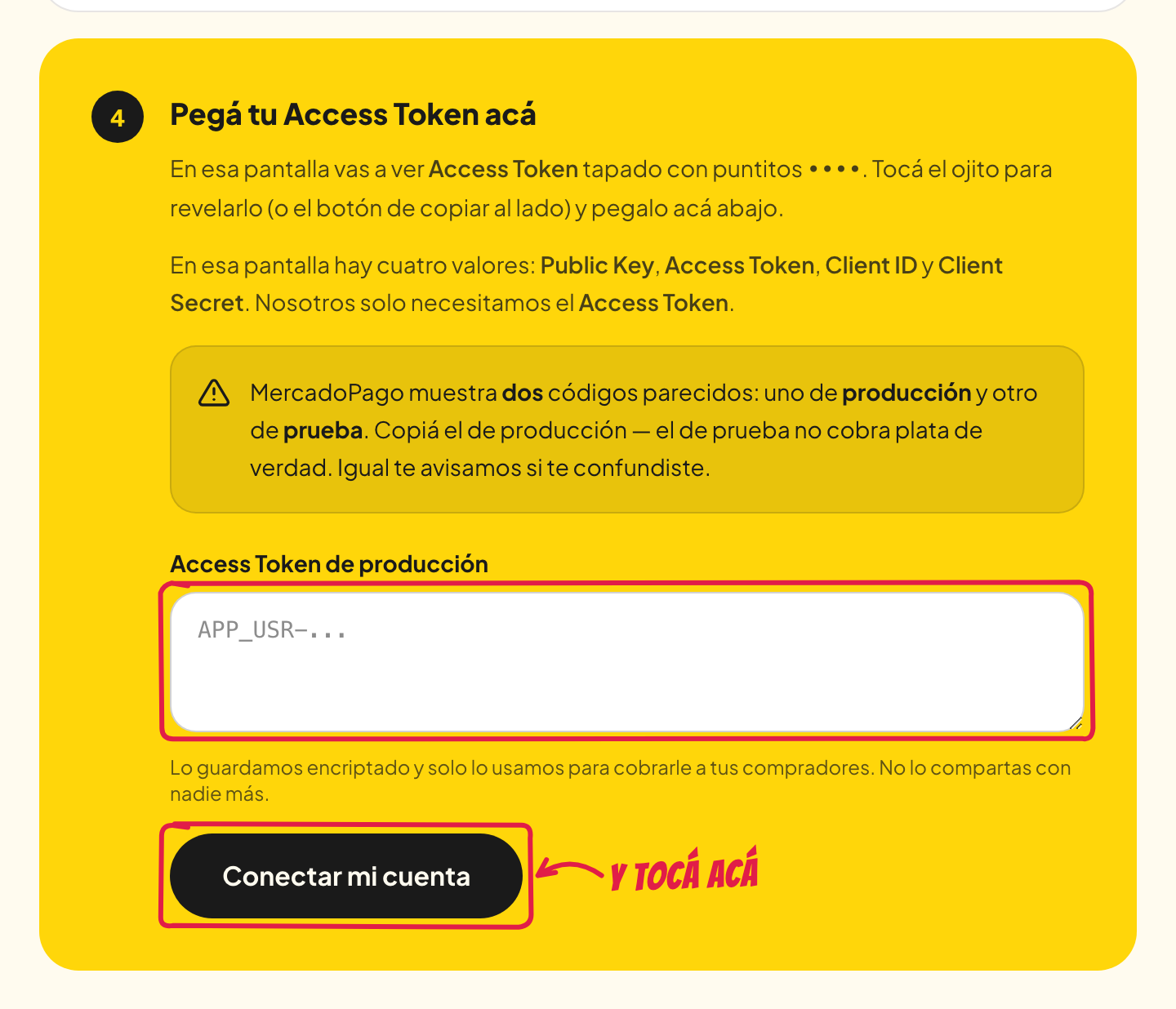 El campo para pegar el Access Token y el botón Conectar mi cuenta