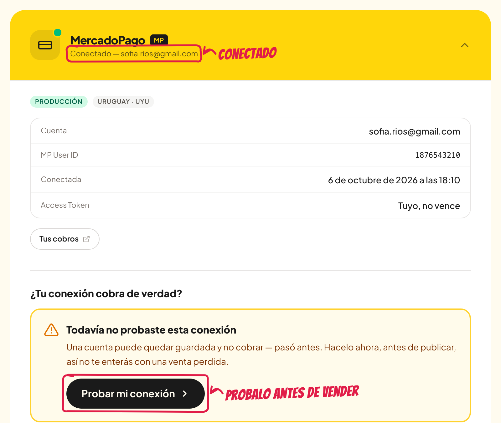 La tarjeta de Mercado Pago conectada, con el botón Probar mi conexión