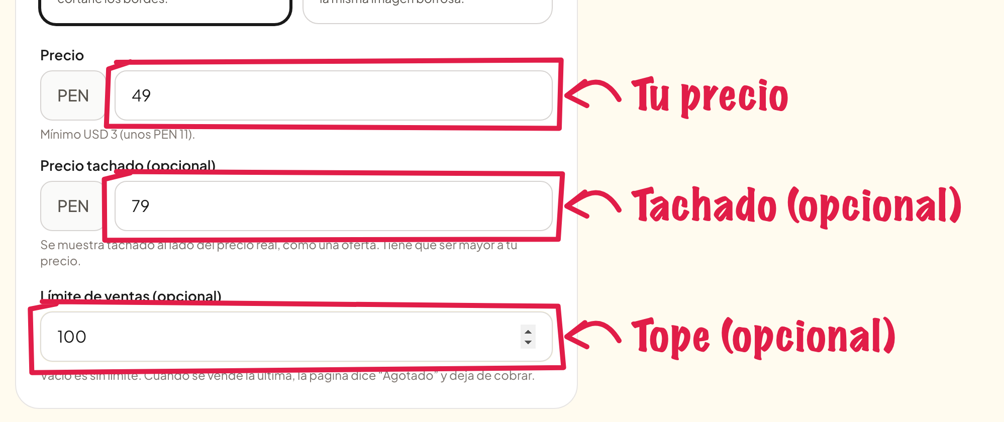 Precio, precio tachado y límite de ventas