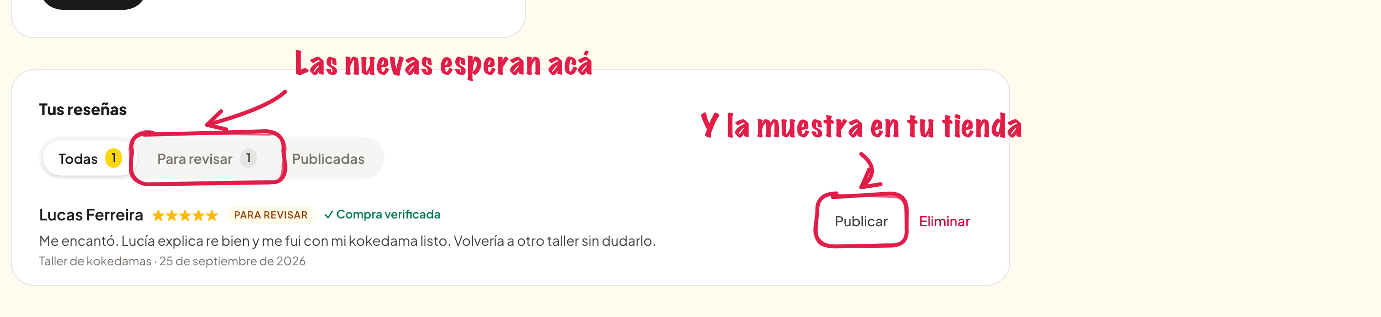Publicar una reseña que espera revisión