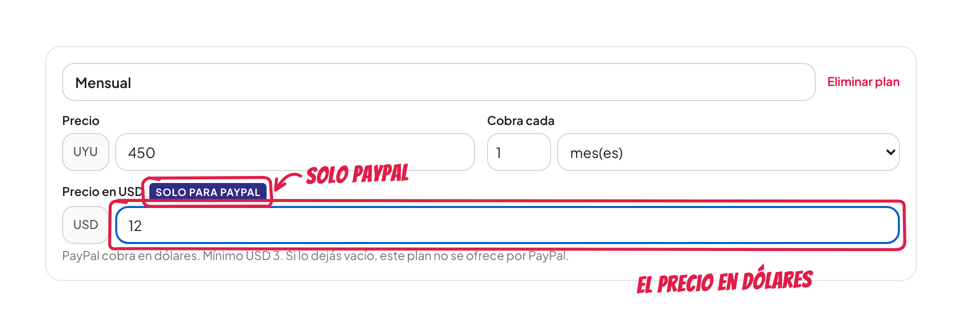 El precio en USD de un plan