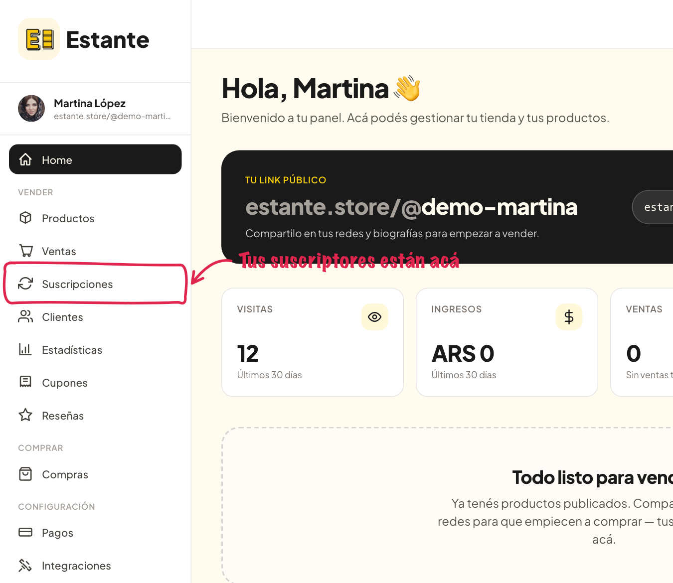 Suscripciones en el menú del panel