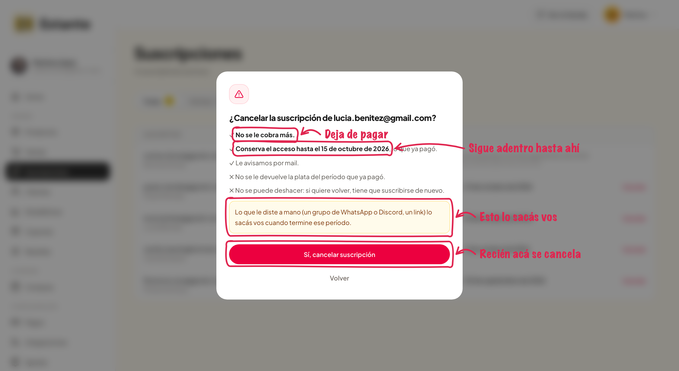La ventana que explica qué pasa al cancelar