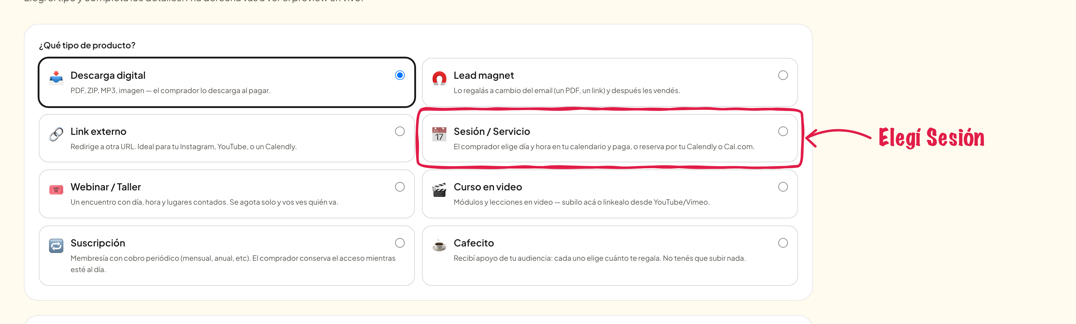 Elegir Sesión / Servicio
