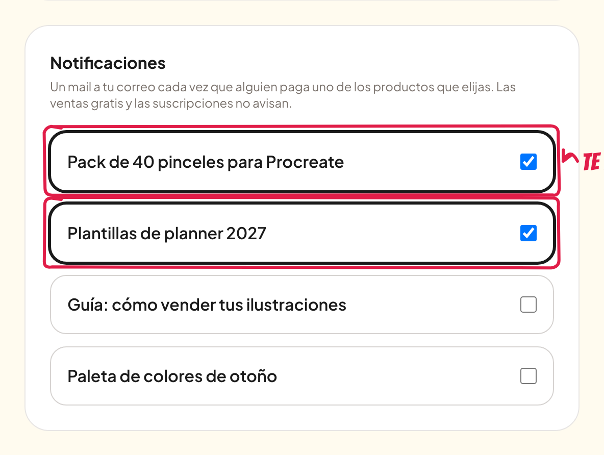 La lista de productos en Notificaciones, con dos tildados