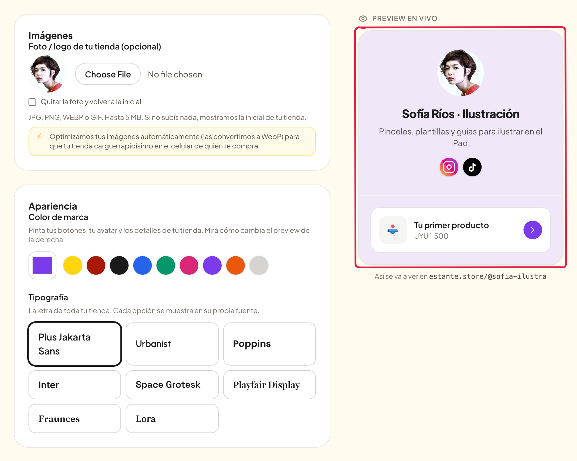 Imágenes, color de marca y tipografía, con el preview en vivo a la derecha