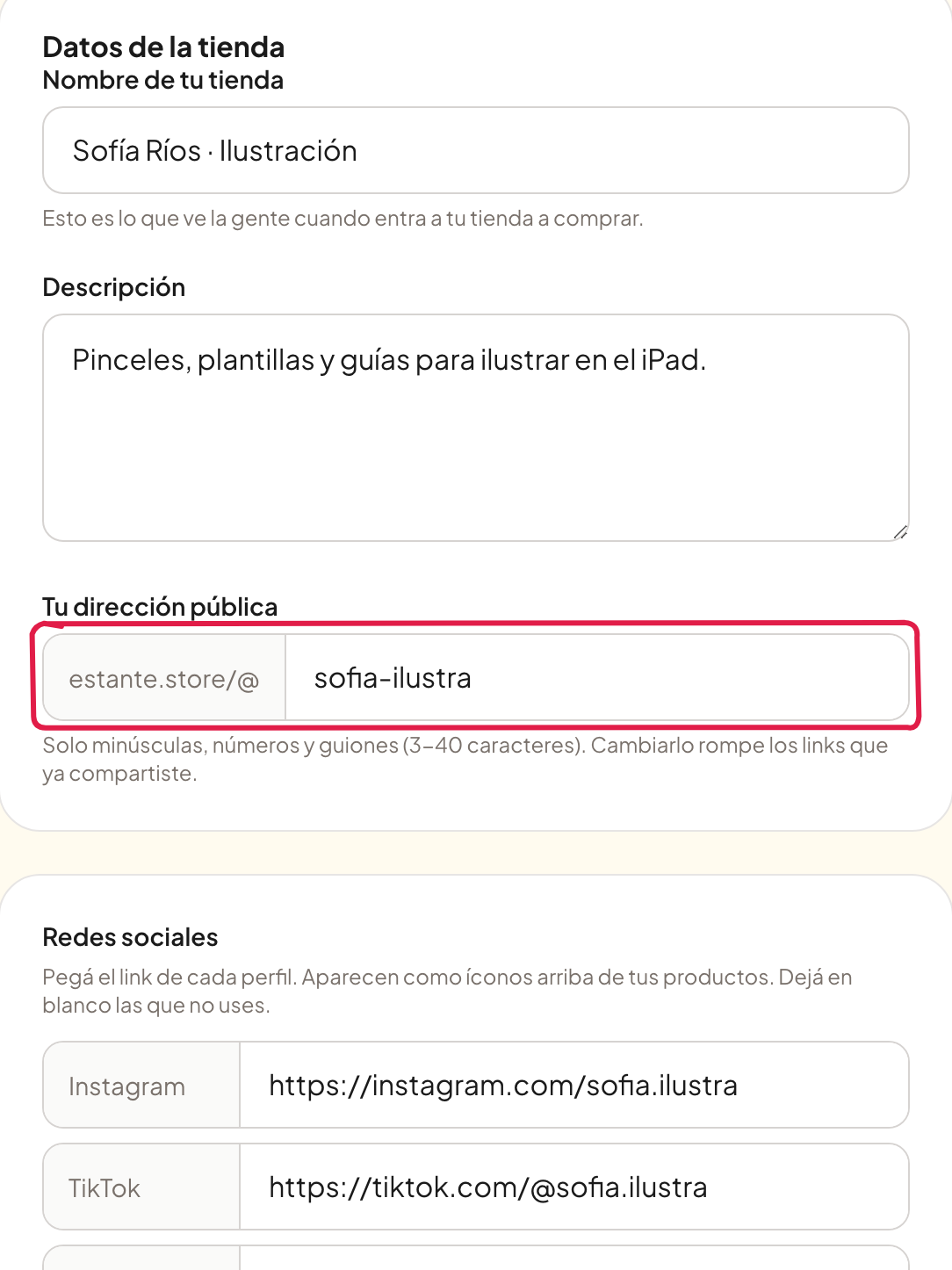 Nombre, descripción, tu dirección pública y tus redes