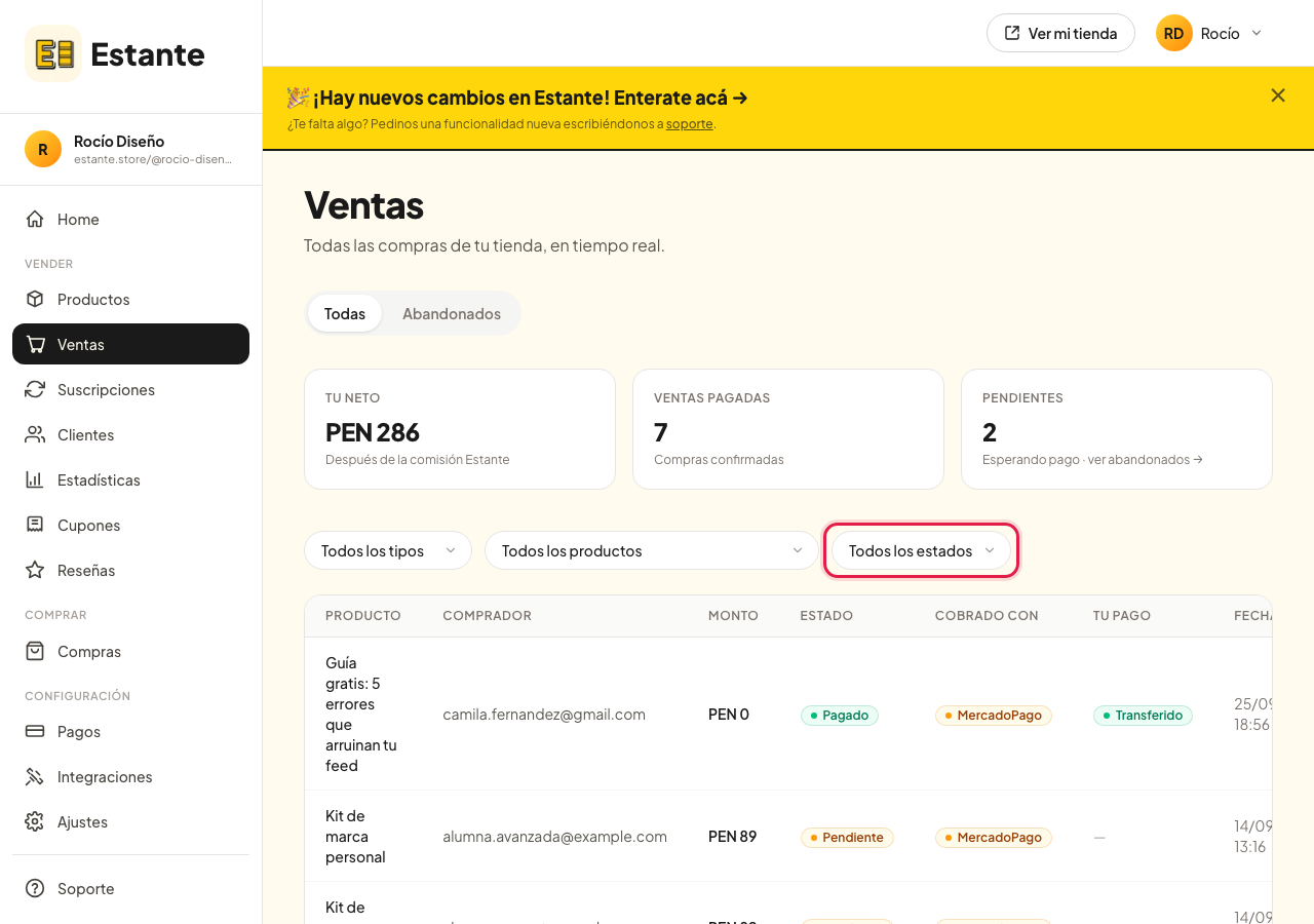 El filtro de estado, al lado de los otros tres