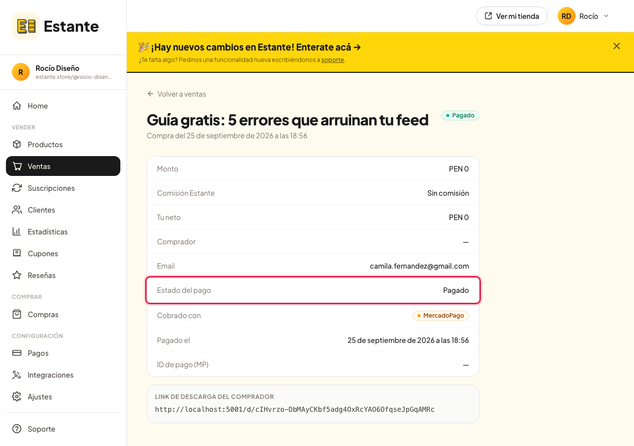 Estado del pago en español, en el detalle de la venta
