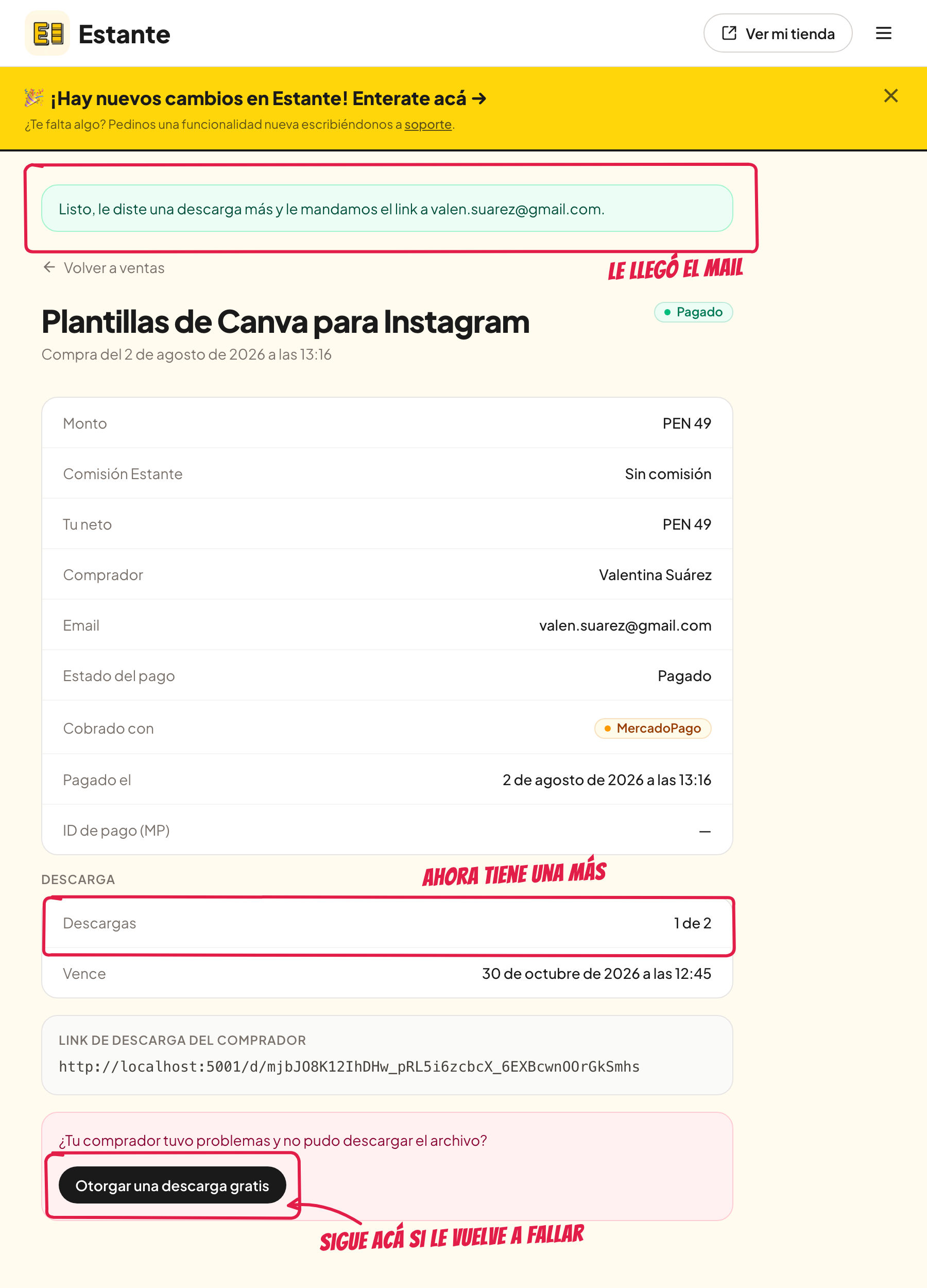 La descarga otorgada y el aviso del mail enviado