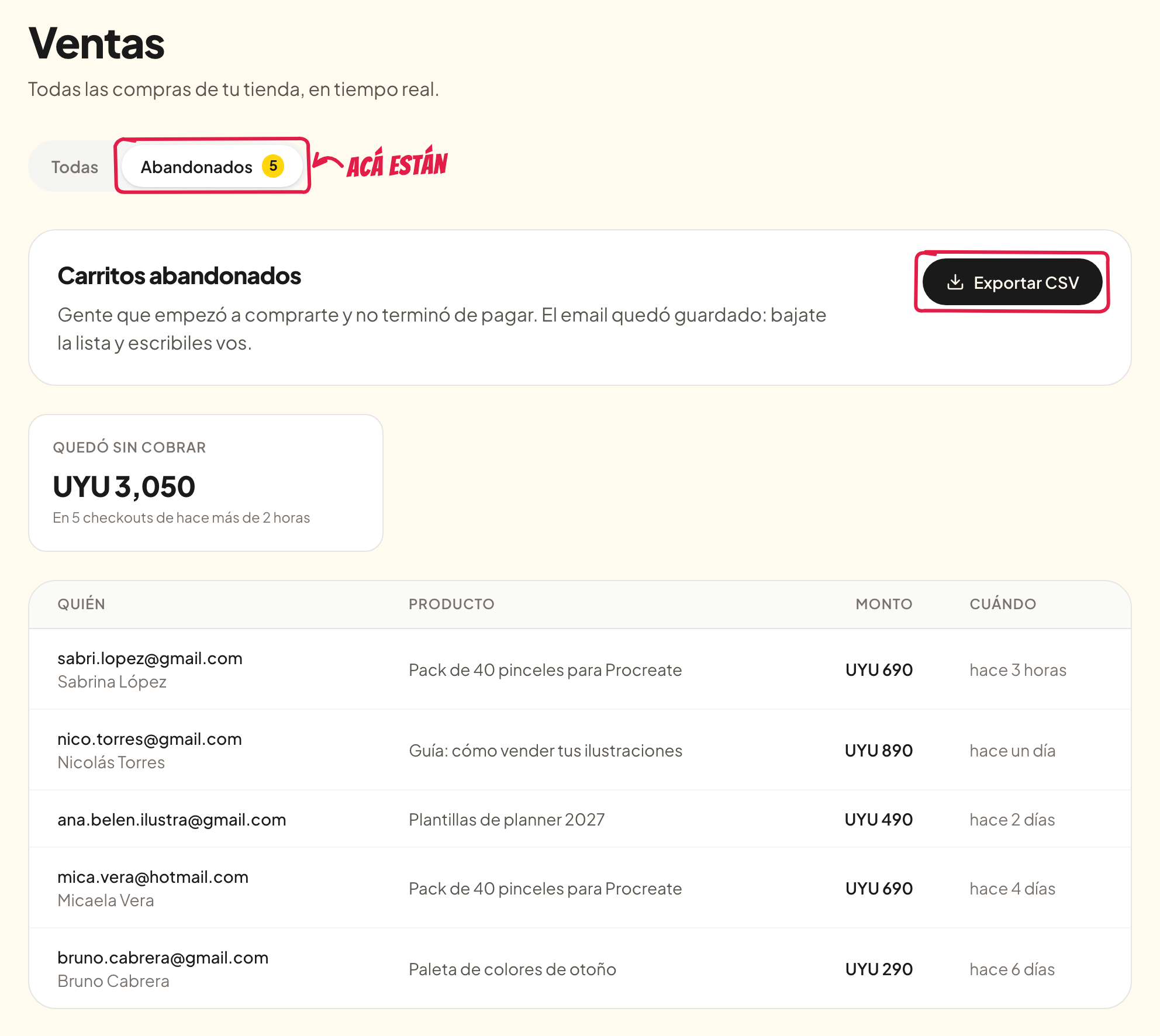 La pestaña Abandonados en Ventas, con la lista y el botón Exportar CSV